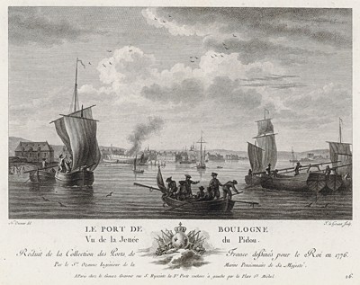 Вид на порт Булонь-сюр-Мер с пирса (лист 26 из альбома гравюр Nouvelles vues perspectives des ports de France..., изданного в Париже в 1791 году)