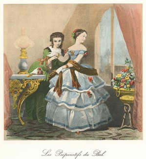 Дама в шикарном бальном платье готовится к выходу в свет. Из альбома литографий Paris. Miroir de la mode, посвящённого французской моде 1850-60 гг. Париж, 1959