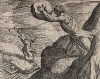 Циклоп Полифем, влюбленный  в нимфу Галатею бросает скалу, дабы убить своего сопреника Акида. Гравировал Антонио Темпеста для своей знаменитой серии "Метаморфозы" Овидия, л.129. Амстердам, 1606