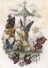 Бабочка-адмирал и бабочки из рода ванесс в китайских нарядах на качелях под присмотром Урании мадагаскарской, одной из красивейших бабочек мира. Les Papillons, métamorphoses terrestres des peuples de l'air par Amédée Varin. Париж, 1852