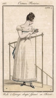 Скучающая красавица в драпированном платье. Из первого французского журнала мод эпохи ампир Journal des dames et des modes, Париж, 1813. Модель № 1336