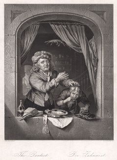 Зубной врач, только что удаливший зуб своему пациенту. Гравюра с живописного оригинала ученика Рембрандта, художника круга "малых голландцев" Герарда Доу. 