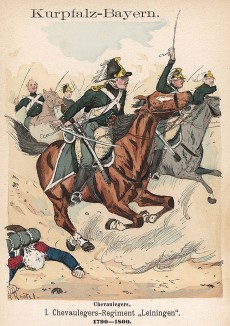 Атака полка баварской кавалерии "Лейнинген" (униформа образца 1790-1800 гг.) Uniformenkunde Рихарда Кнотеля, часть 2, л.24. Ратенау (Германия), 1891