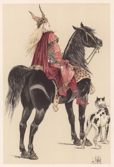 Легендарная королева франков Брунгильда (?--613) на охоте (из "Иллюстрированной истории верховой езды", изданной в Париже в 1891 году)