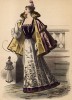 Шикарное открытое шёлковое платье и накидка с меховой отделкой. Из французского модного журнала Le Coquet, выпуск 298, 1893 год