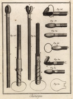Хирургия. Инструменты для операций на пищеводе (Ивердонская энциклопедия. Том III. Швейцария, 1776 год)