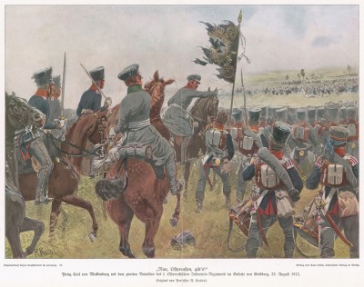 Принц Карл фон Мекленбург-Стерлиц возглавляет атаку прусской кавалерии в сражении при Гольдберге 23 августа 1813 г. Илл. Рихарда Кнотеля, Die Deutschen Befreiungskriege 1806-15. Берлин, 1901