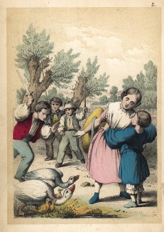 Деревенские дети спасают городских детей от нападающих гусей. Гравюра из детской книги "Bright Pictures from Child Life", Бостон, 1857