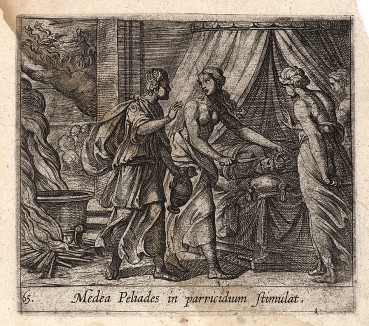Медея убеждает дочерей Пелия убить его. Гравировал Антонио Темпеста для своей знаменитой серии "Метаморфозы" Овидия, л.65. Амстердам, 1606