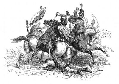 Французские драгуны атакуют австрийских улан в сражении при Лонато 3 августа 1796 г. В схватке с австрийским полковником Бендером ранен адъютант Бонапарта, будущий генерал Великой армии Жан Жюно. Histoire de l’empereur Napoléon. Париж, 1840