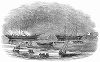 Барк британского флота под названием "Кембридж", охваченный огнём близ английского города Плимут, расположенного на берегу пролива Ла-Манш (The Illustrated London News №89 от 13/01/1844 г.)
