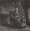 Крестьянка, кормящая ребенка. Офорт Камиля Писсарро, 1874 год. Забракованная, перечеркнутая автором доска.