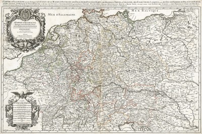 Священная Римская империя германской нации. L'Empire d'Allemagne distingue suivant l'estendue de tous les etats, principautes, et souverainetes... Карту составил королевский картограф Гийом Сансон в Париже в 1680 г.