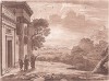Восход солнца над храмом. Лист 173 из серии сепийных меццотинт "Liber Veritatis" (Книга Истины) известного английского гравёра Ричарда Ирлома по рисункам французского живописца Клода Лоррена из коллекции герцога Девонширского, Лондон, 1774-1777 годы