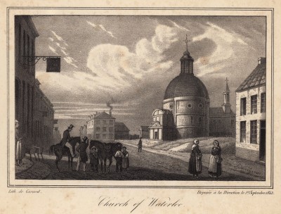 Церковь в Ватерлоо (литография с рисунка, выполненного под руководством генерала Анри Жомини во время прогулки по Ватерлоо 1 сентября 1842 года. Брюссель. 1846 год)