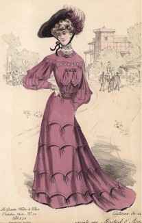 Платье цвета фуксии с кокеткой и воланами. Les grandes modes de Paris, октябрь 1903 г.