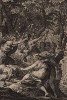 Пенфей, царь города Фивы, растерзанный во время вакханалии своей обезумевшей матерью Агавой и её сестрами Автоноей и Ино (гравюра из первого тома знаменитой поэмы "Метаморфозы" древнеримского поэта Публия Овидия Назона. Париж, 1767 год)
