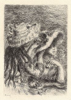 Приколотая шляпка (дочь Берты Моризо с кузиной). Гравюра Пьера-Огюста Ренуара, 1894 год, третья версия. 