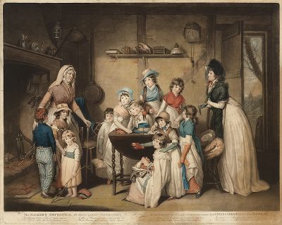 Подписка юных леди в пользу сирот моряков. Цветное меццо-тинто Уильяма Уорда по оригиналу Уильяма Бигга, 1800 год. 