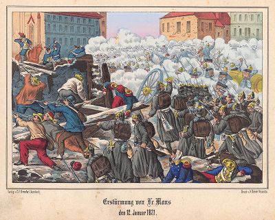Франко-прусская война 1870-71 гг. Штурм Ле-Мана пруссаками 11 января 1871 г. Редкая немецкая литография