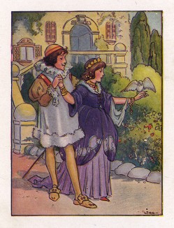 Золушка и принц в королевском саду. Лист из книги "Всё о Золушке", Нью-Йорк, 1916