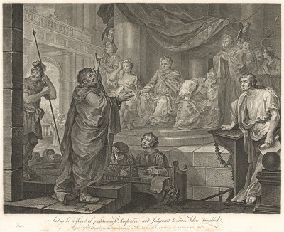 Павел перед Феликсом, 1752. Гравюра II с полотна на библейский сюжет. Картина написана Хогартом для Линкольнс Инн Холл. Получила признание критиков. Однако сам художник больше ценил свою шаржевую версию. Лондон, 1838