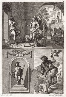 Бог веселья Ком (Комос) с Ларом, а также добрый и злой Духи. "Iconologia Deorum,  oder Abbildung der Götter ...", Нюренберг, 1680. 