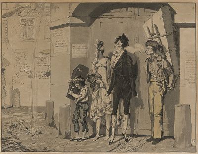 Горожане под дождем. Французская карикатура конца XVIII века.
