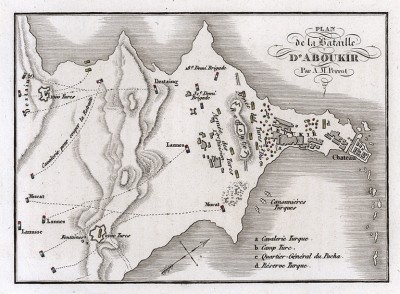 План сражения при Абукире 25 июля 1799 г. Составил французский картограф Аристид-Мишель Перро. Сражение между 8-тысячной французской армией генерала Бонапарта и 18-тысячной турецкой армией.
