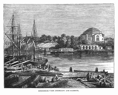 Старинное здание адмиралтейства в Стокгольме -- столице Королевства Швеция, расположенной на восточном побережье озера Меларен, соединённого каналами и протоками с Балтийским морем (The Illustrated London News №99 от 23/03/1844 г.)