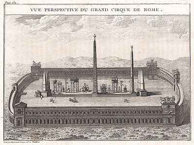 Перспективный вид Большого цирка в Риме. Лист из "Краткой истории Рима" (Abrege De L'Histoire Romaine), Париж, 1760-1765 годы