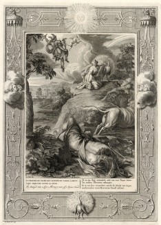 Ио, превращённая в белую корову. Гермес усыпляет Аргоса игрой на флейте и отрубает ему голову (лист известной работы "Храм муз", изданной в Амстердаме в 1733 году)