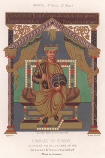 Провозглашение Карла II Лысого королём Лотарингии в 860 году (со средневековой миниатюры) (из Les arts somptuaires... Париж. 1858 год)