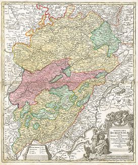 Карта Бургундии, разделенной на бальяжи. Comitatûs Burgundiæ tam in primarias ejus præfecturas quam in minores earundem balliviat[us].