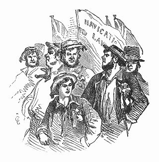 Демонстрация на Чаринг--Кросс -- перекрестке между Трафальгарской площадью и улицей Уайтхолл в Лондоне в поддержку законов о мореплавании, принятых правительством Британской империи в 1848 году (The Illustrated London News №302 от 12/02/1848 г.)