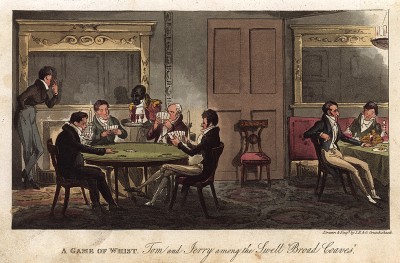 Игра в вист. Том и Джери в джентльменском клубе среди высшего общества. Акватинта Джорджа Крукшенка. Лондон, 1822