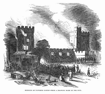 Пожар в замке Наворт, резиденции графов Карлайл в графстве Камбрия на северо--западе Англии -- гравюра с рисунка, сделанного очевидцем с места событий (The Illustrated London News №108 от 25/05/1844 г.)