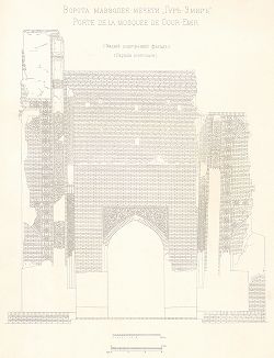 Ворота мавзолея мечети Гур-Эмир (задний внутренний фасад). Лист из альбома "Мечети Самарканда, вып. 1. Гуръ-Эмиръ", СПб, 1905. 