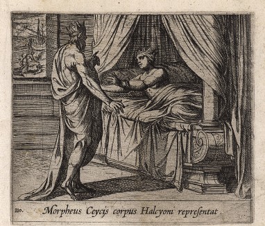 Морфей предстает перед Алкионой в образе сна. Гравировал Антонио Темпеста для своей знаменитой серии "Метаморфозы" Овидия, л.110. Амстердам, 1606