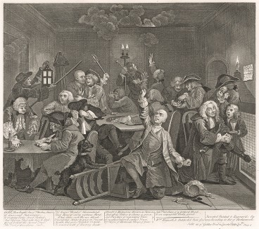 Карьера мота, гравюра VI. «В игорном доме», 1735. Этим сюжетом Хогарт откликнулся на несколько произошедших в 1733 г. случаев разорения знати в игорных домах. Молодой мот (в центре) счастлив, он пока в выигрыше. Лондон, 1838