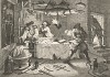 Гудибрас, 1725-26. Гудибрас избивает Сидрофела и его слугу Вэкума. Мечтающий жениться на богатой вдовушке, Гудибрас становится жертвой шарлатана астролога и приходит ему отомстить. Лондон, 1838