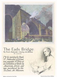 Мост Идса через Миссисипи -- первый крупный мост из стали и самый длинный арочный мост. Построен в 1874 году в Сент-Луисе, США. Репродукция картины Фрэнка Нудершера. 