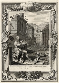 Камни складываются в стены Фив под звуки лиры Амфиона (лист известной работы "Храм муз", изданной в Амстердаме в 1733 году)