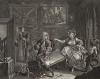 Карьера шлюхи, гравюра 2. «Ссора с богатым покровителем», 1732. Молл живет на содержании у богатого еврея и изменяет ему с молодым любовником. На гравюре: девушка устраивает сцену хозяину, пока ее любовник убегает. Геттинген, 1854