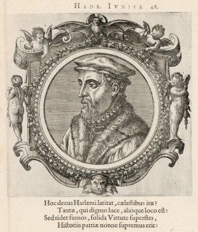 Адриан Юниус (1511--1570 гг.) -- выдaющийся голландский врач и учёный (лист 48 иллюстраций к известной работе Medicorum philosophorumque icones ex bibliotheca Johannis Sambuci, изданной в Антверпене в 1603 году)
