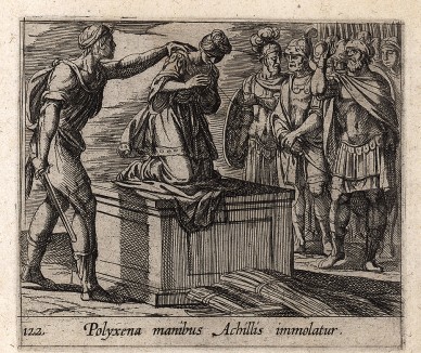 Поликсену приносят в жертву на могиле Ахилла. Гравировал Антонио Темпеста для своей знаменитой серии "Метаморфозы" Овидия, л.122. Амстердам, 1606