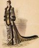 Поистине королевское платье с шлейфом, украшенное вышивкой и мехом. Из французского модного журнала Le Coquet, выпуск 260, 1889 год