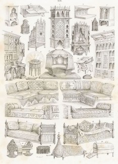 Мебель и предметы быта, рисованные с натуры во время путешествия по Египту в 1838 году (из "Путешествия на Восток..." герцога Максимилиана Баварского. Штутгарт. 1846 год (лист XLVII))