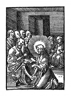 Иисус омывает ноги своим ученикам. Из Benedictus Chelidonius / Passio Effigiata. Монограммист N.H. Кёльн, 1526