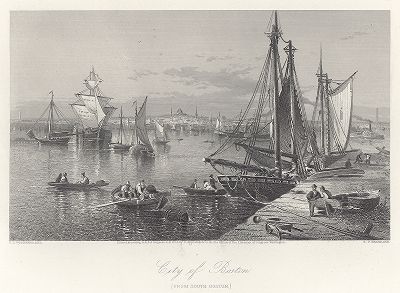 Вид на Бостон с южного берега Бостонской бухты залива Массачусетс. Лист из издания "Picturesque America", т.II, Нью-Йорк, 1874.